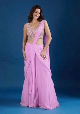 Baby Pink Hand Work Chinon Pre Draped Saree Set