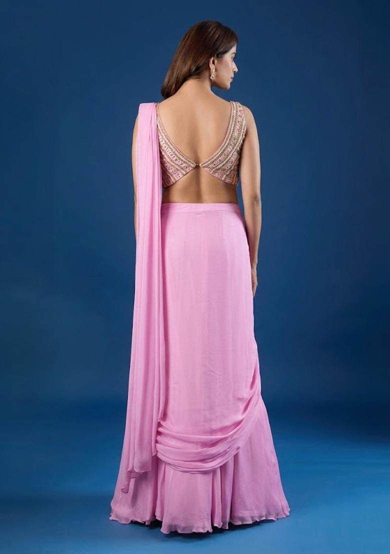 Baby Pink Hand Work Chinon Pre Draped Saree Set - Indya