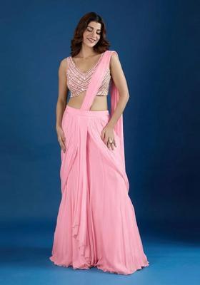 Soft Pink Hand Work Chinon Pre Draped Saree Set