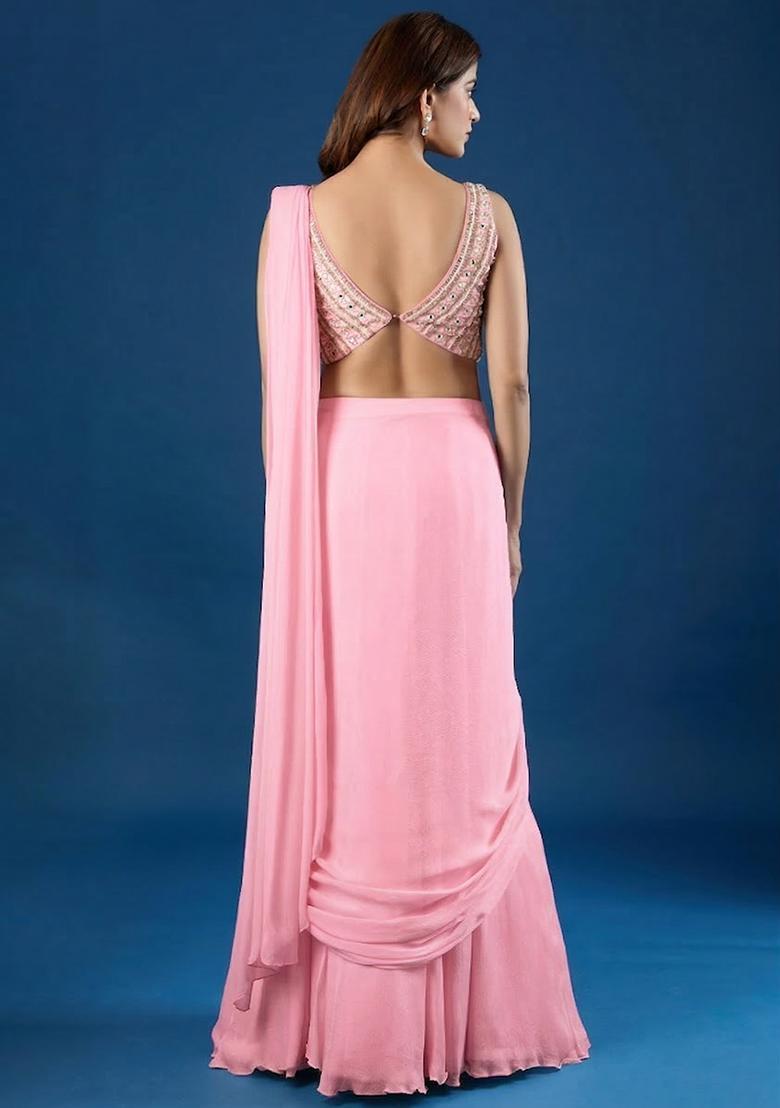 Soft Pink Hand Work Chinon Pre Draped Saree Set - Indya