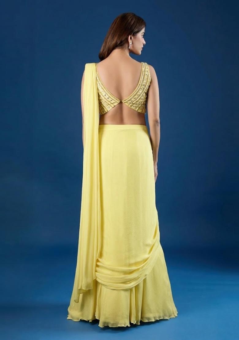 Lemon Yellow Hand Work Chinon Pre Draped Saree Set - Indya