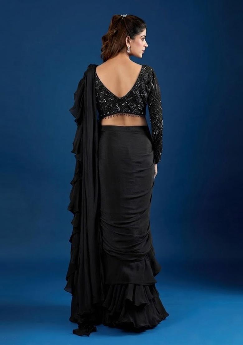 Black Hand Work Chinon Pre Draped Saree Set - Indya