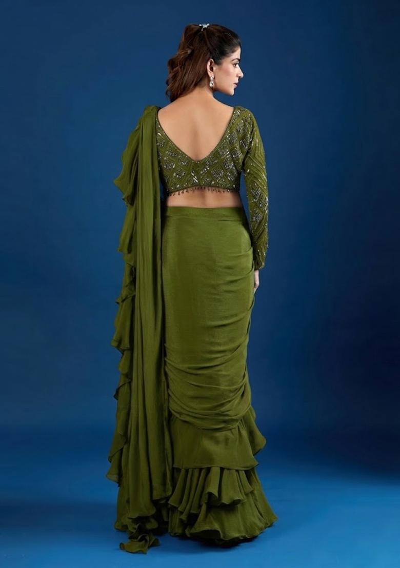 Olive Green Hand Work Chinon Pre Draped Saree Set - Indya