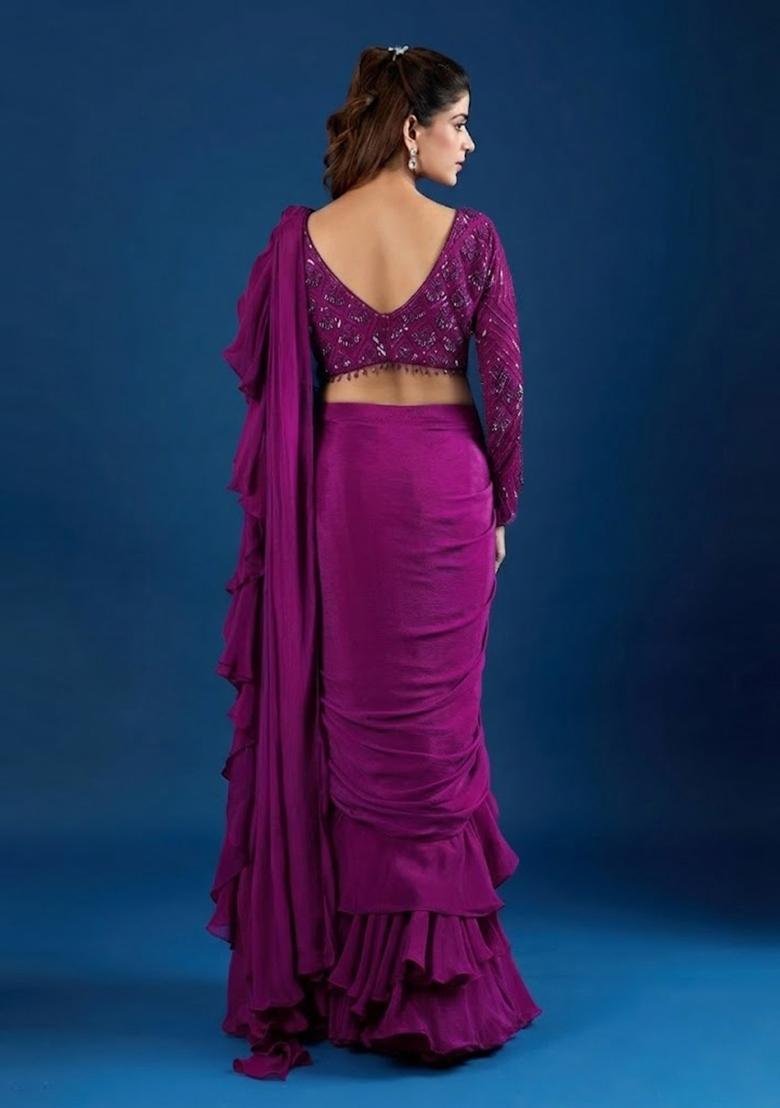Magenta Hand Work Chinon Pre Draped Saree Set - Indya