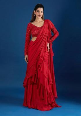 Red Hand Work Chinon Pre Draped Saree Set