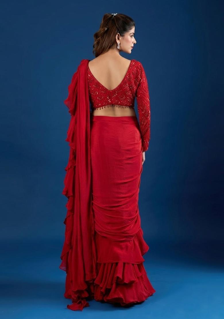 Red Hand Work Chinon Pre Draped Saree Set - Indya