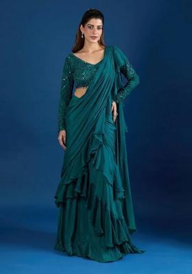 Teal Green Hand Work Chinon Pre Draped Saree Set