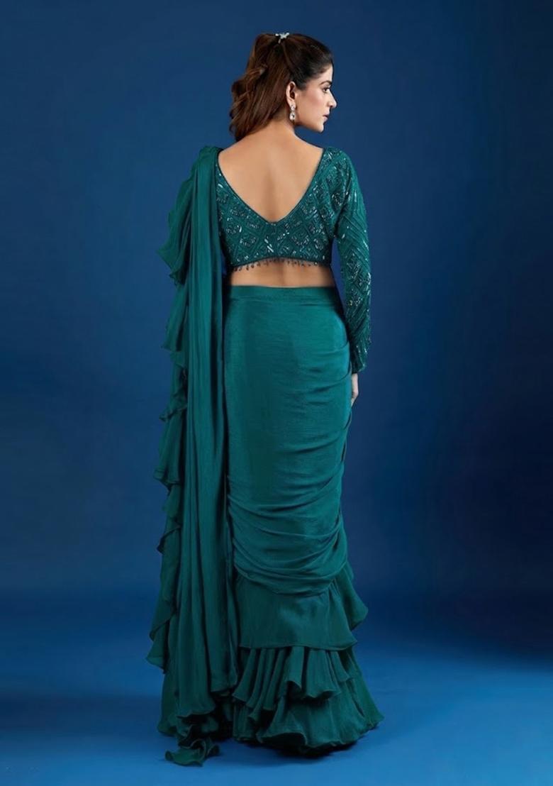 Teal Green Hand Work Chinon Pre Draped Saree Set - Indya