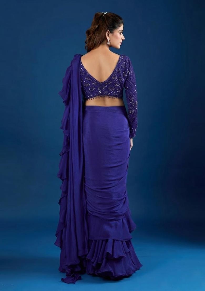 Navy Blue Hand Work Chinon Pre Draped Saree Set - Indya