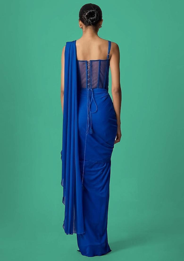 Royal Blue Hand Work Chinon Pre Draped Saree Set - Indya