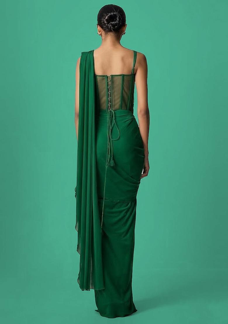 Green Hand Work Chinon Pre Draped Saree Set - Indya