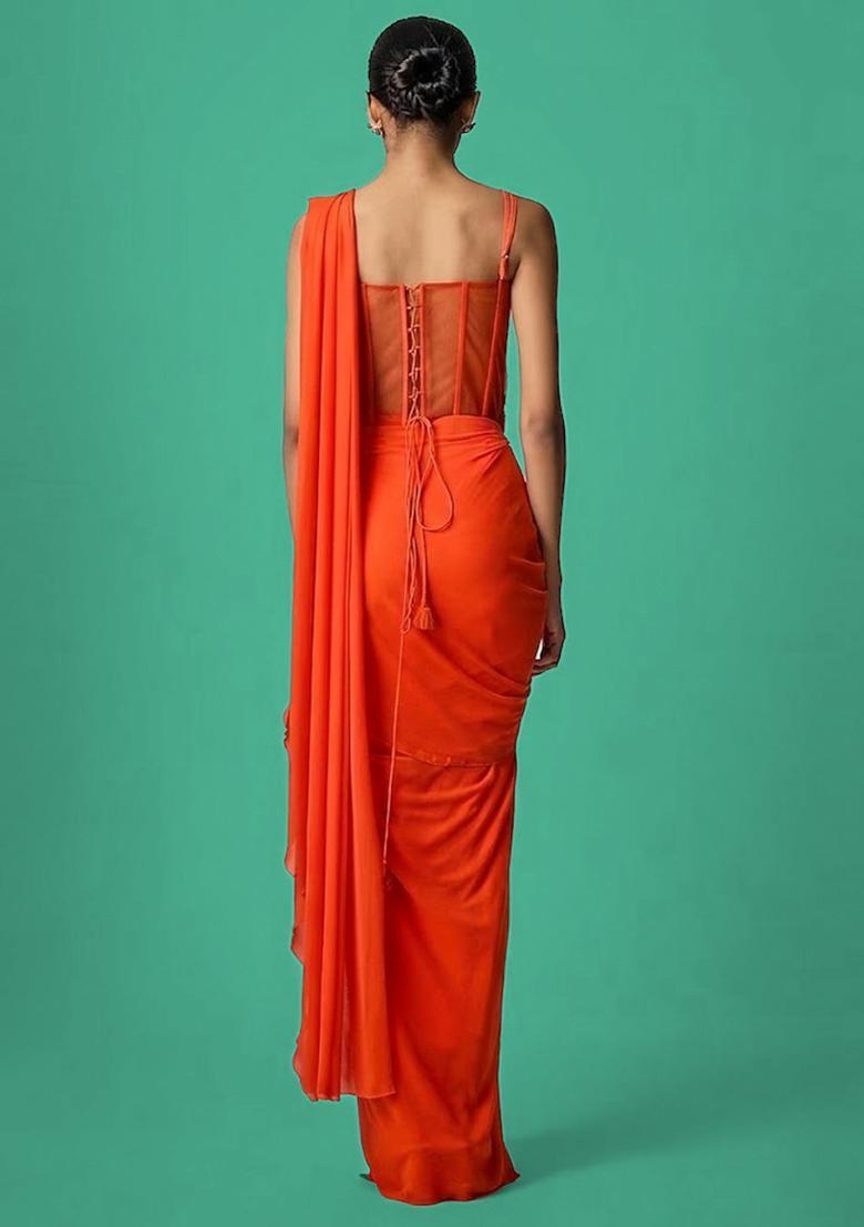 Orange Hand Work Chinon Pre Draped Saree Set - Indya