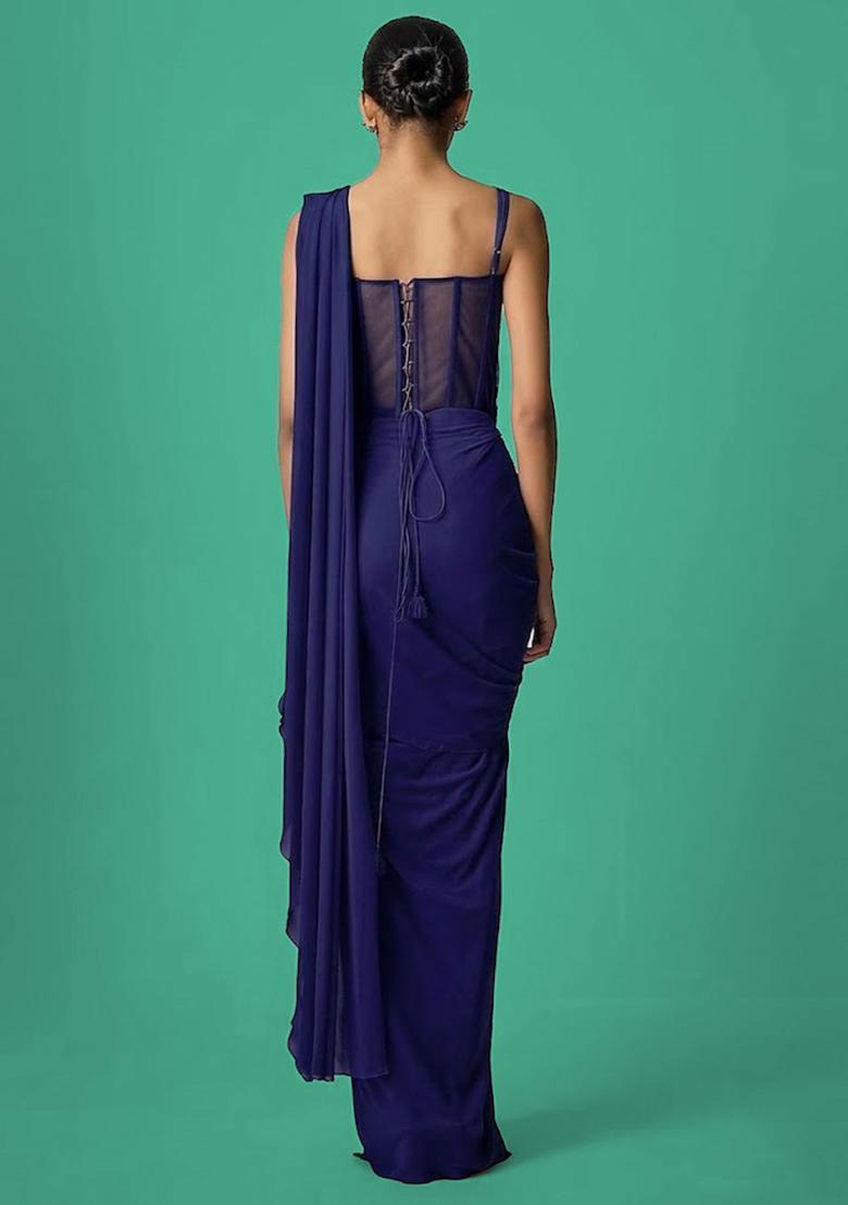 Navy Blue Hand Work Chinon Pre Draped Saree Set - Indya