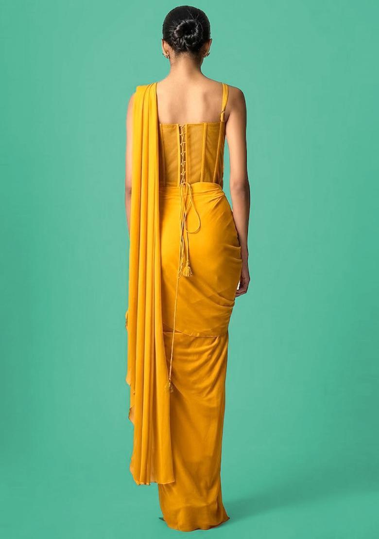 Mustard Hand Work Chinon Pre Draped Saree Set - Indya