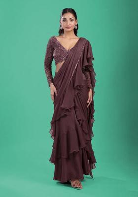 Brown Hand Work Chinon Pre Draped Saree Set
