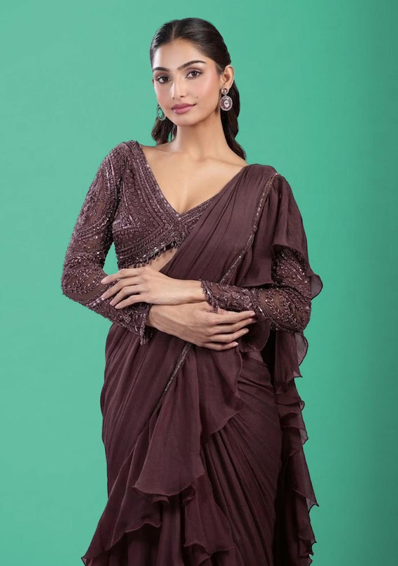 Brown Hand Work Chinon Pre Draped Saree Set - Indya