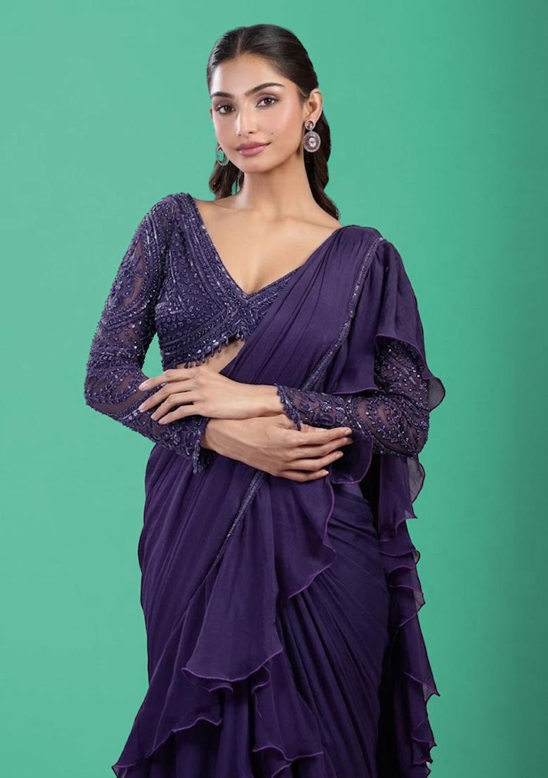Deep Purple Hand Work Chinon Pre Draped Saree Set - Indya