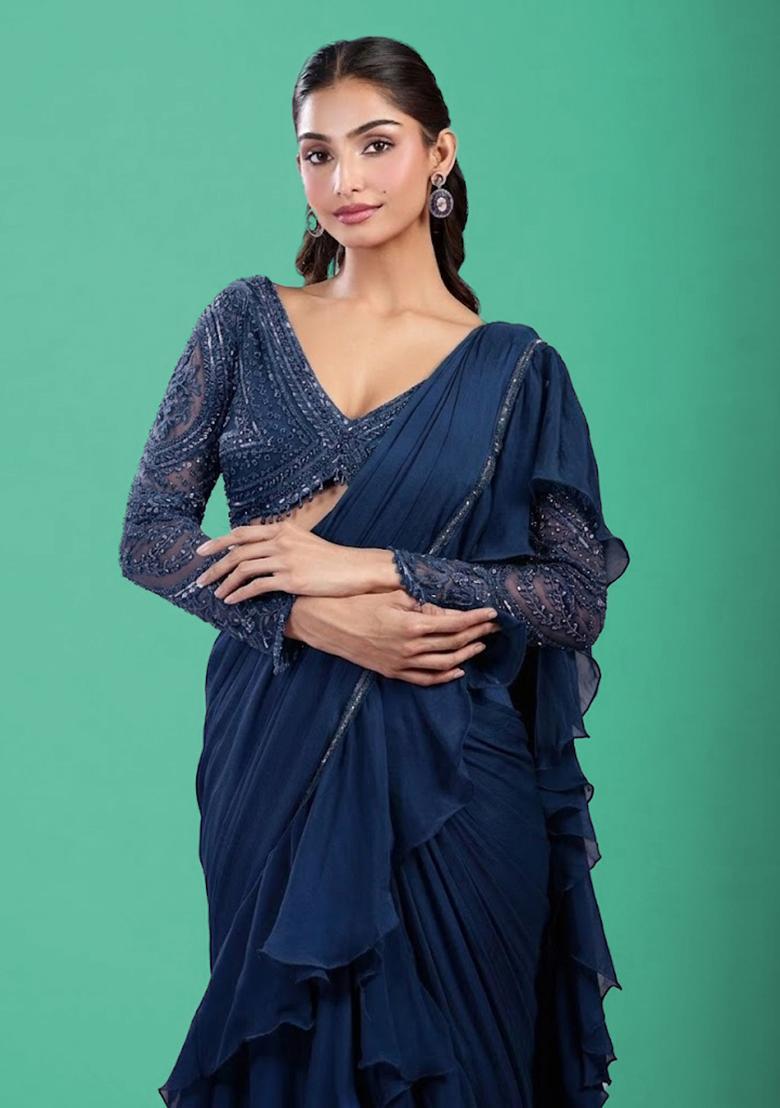 Navy Blue Hand Work Chinon Pre Draped Saree Set - Indya
