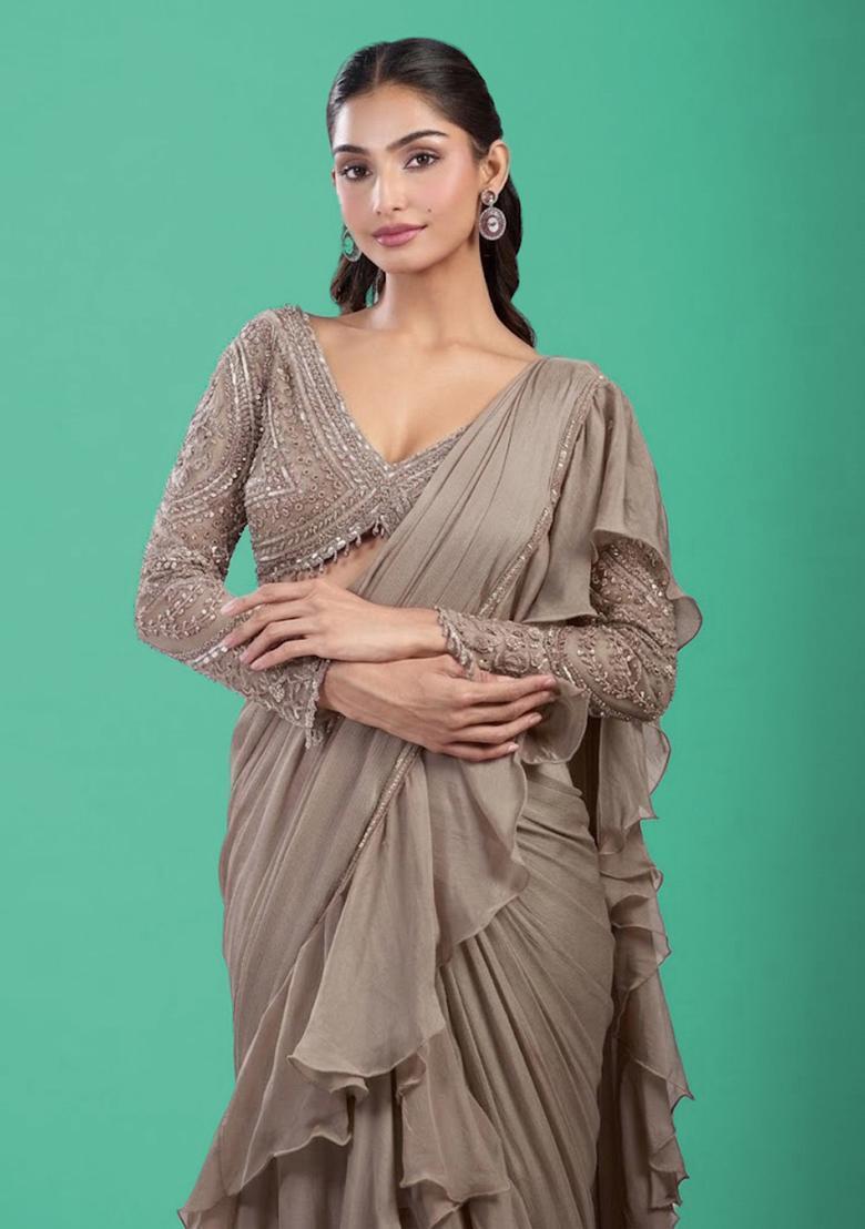 Beige Hand Work Chinon Pre Draped Saree Set - Indya