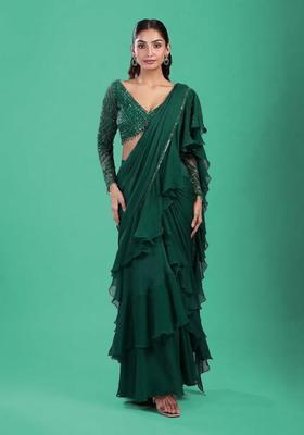 Bottle Green Hand Work Chinon Pre Draped Saree Set