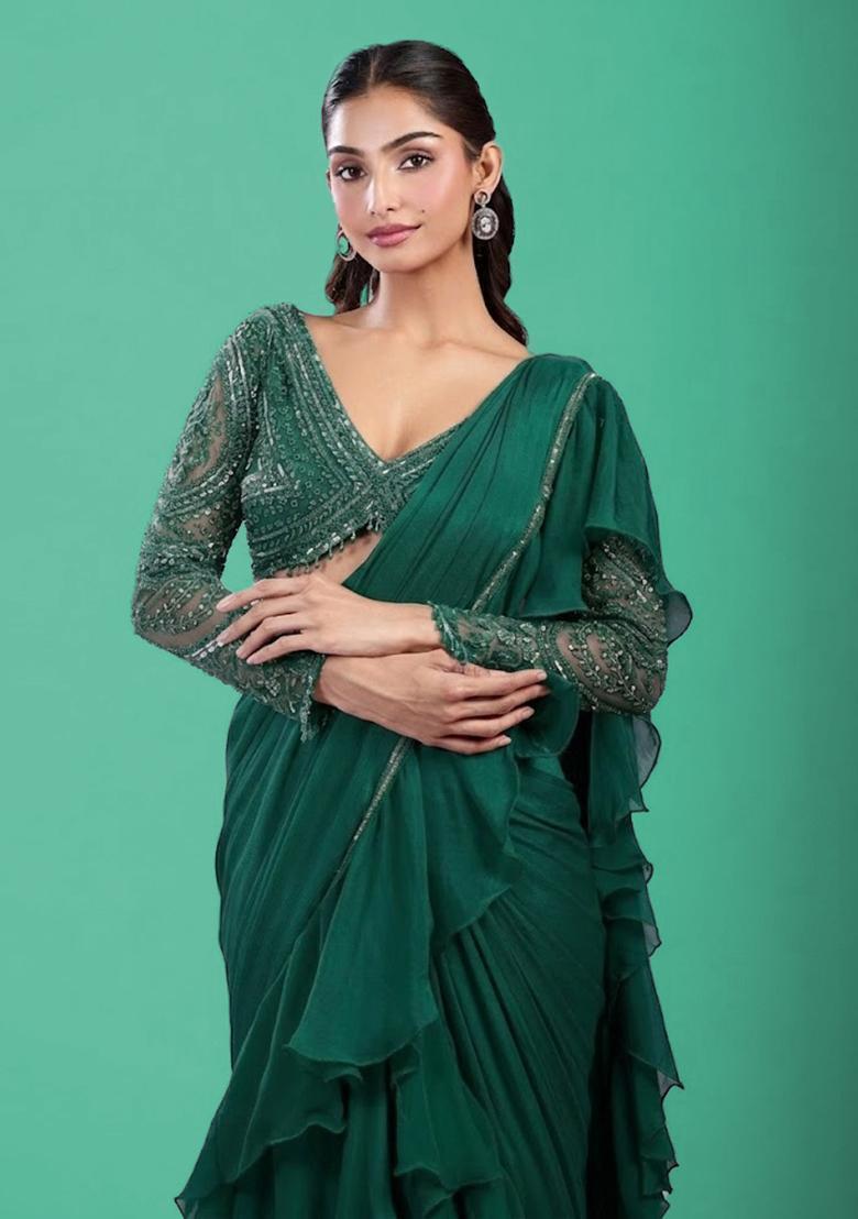 Bottle Green Hand Work Chinon Pre Draped Saree Set - Indya