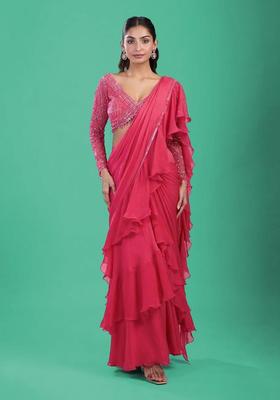 Rani Pink Hand Work Chinon Pre Draped Saree Set