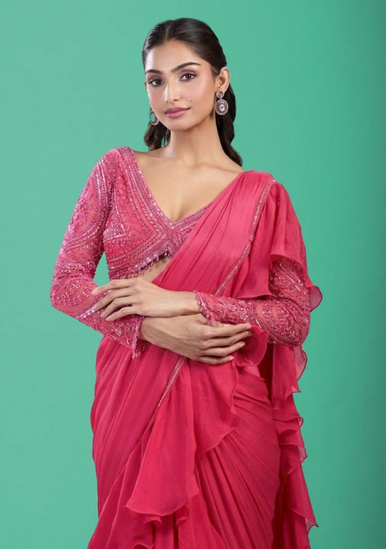 Rani Pink Hand Work Chinon Pre Draped Saree Set - Indya