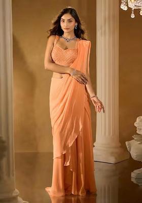 Peach Hand Work Chinon Pre Draped Saree Set