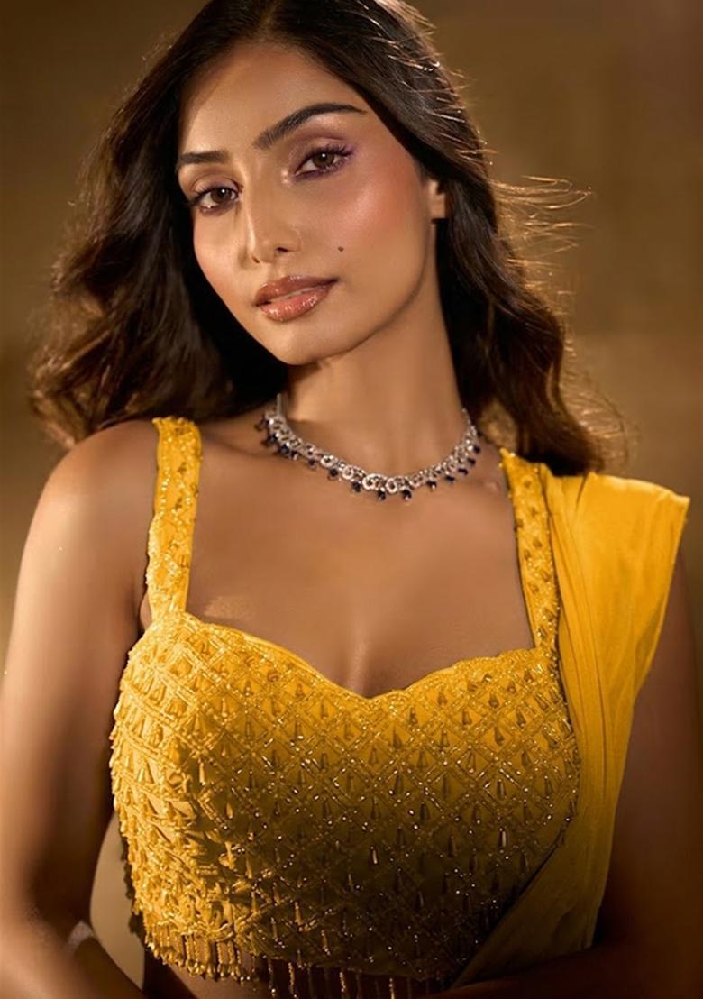 Mustard Hand Work Chinon Pre Draped Saree Set - Indya