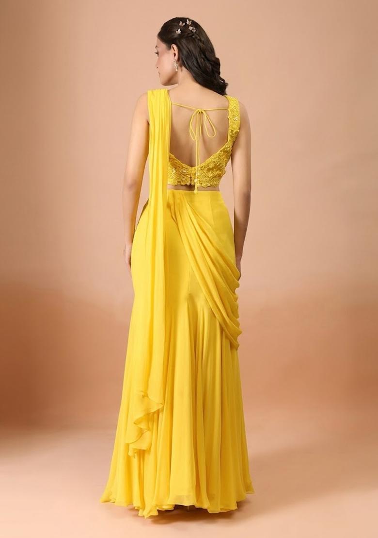 Yellow Hand Work Chinon Pre Draped Saree Set - Indya