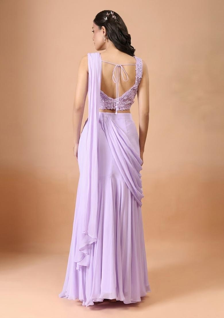 Lavender Hand Work Chinon Pre Draped Saree Set - Indya