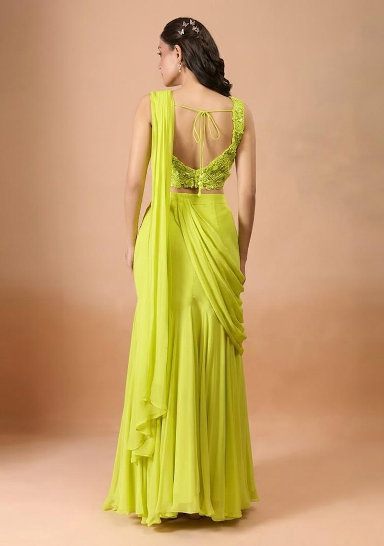 Lime Green Hand Work Chinon Pre Draped Saree Set - Indya