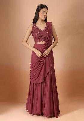 Wine Hand Work Chinon Pre Draped Saree Set