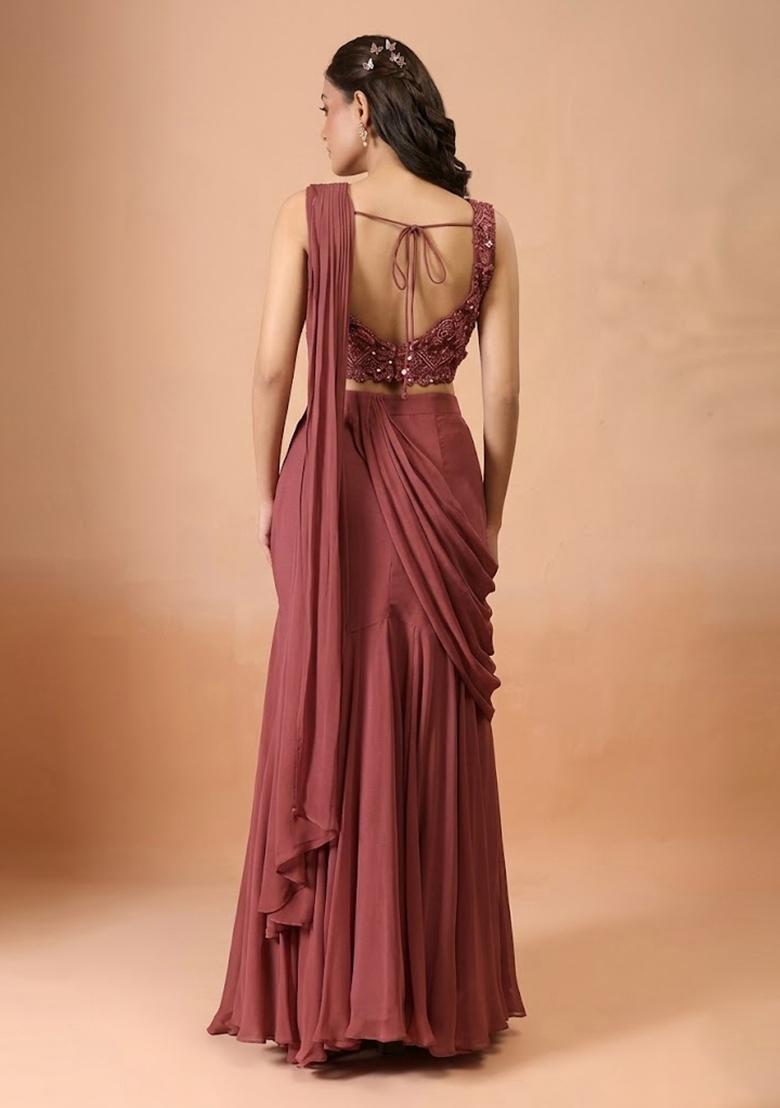 Wine Hand Work Chinon Pre Draped Saree Set - Indya