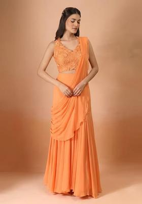 Soft Orange Hand Work Chinon Pre Draped Saree Set