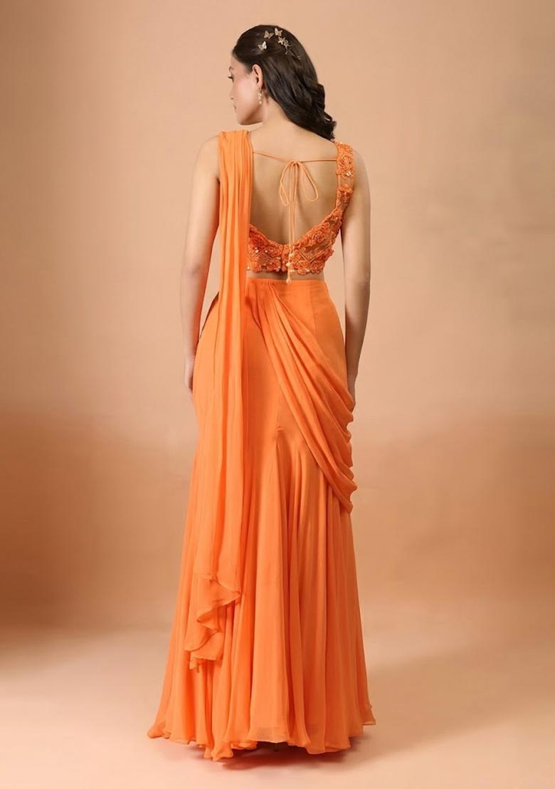 Soft Orange Hand Work Chinon Pre Draped Saree Set - Indya