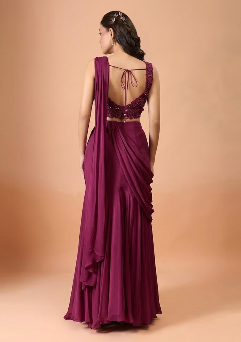 Magenta Hand Work Chinon Pre Draped Saree Set - Indya
