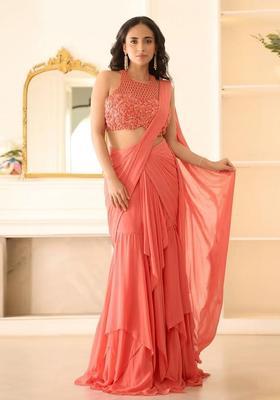Peach Hand Work Chinon Pre Draped Saree Set
