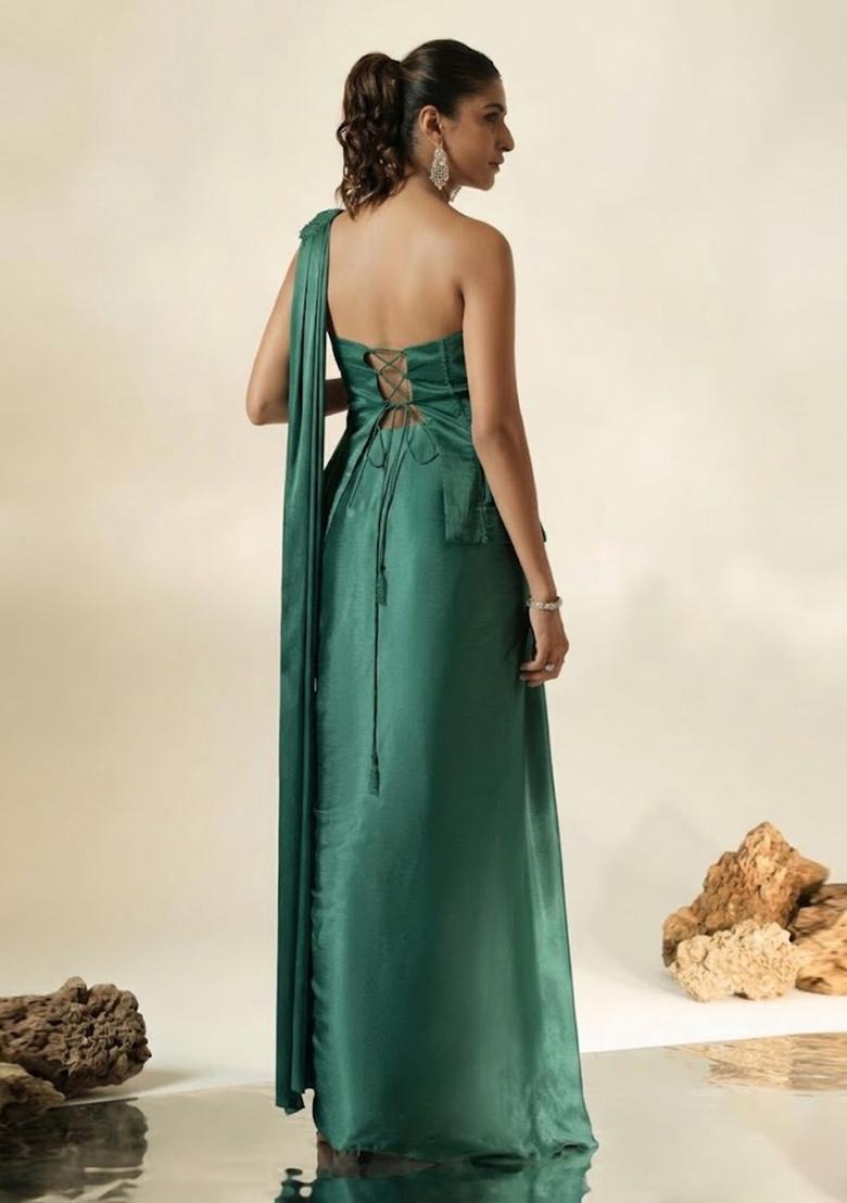 Emerald Green Hand Work Chinon Pre Draped Saree Set - Indya