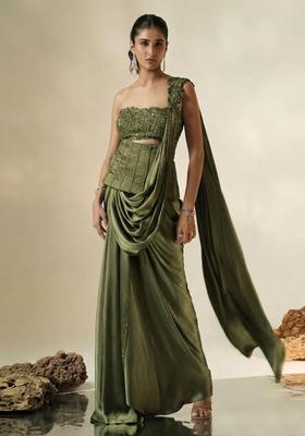 Olive Green Hand Work Chinon Pre Draped Saree Set