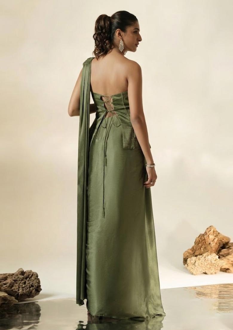 Olive Green Hand Work Chinon Pre Draped Saree Set - Indya