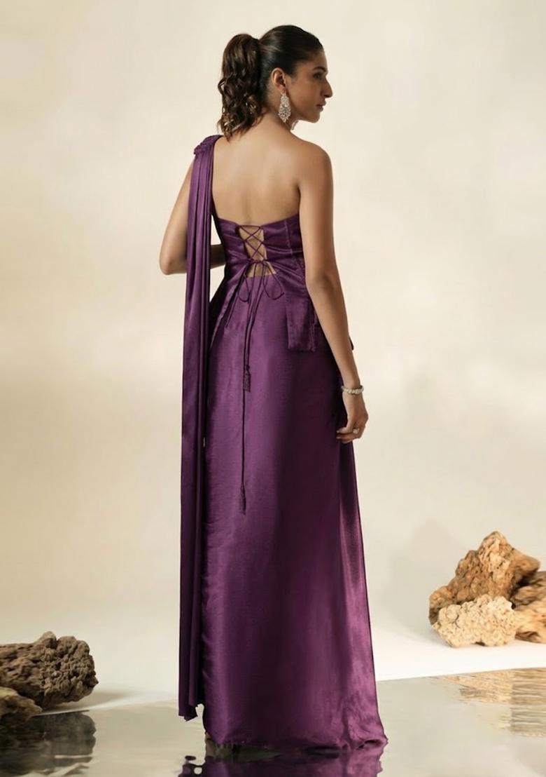 Purple Hand Work Chinon Pre Draped Saree Set - Indya