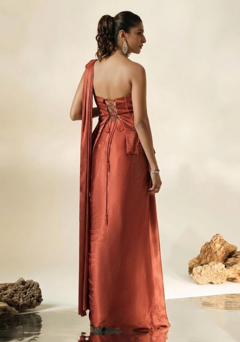 Rust Hand Work Chinon Pre Draped Saree Set - Indya