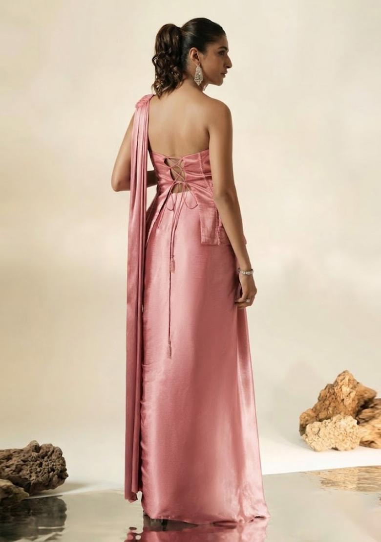 Mauve Hand Work Chinon Pre Draped Saree Set - Indya