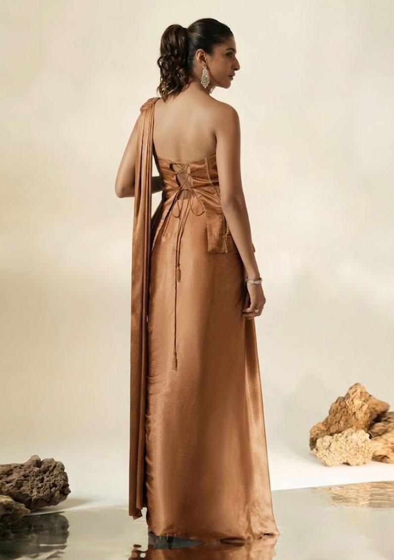 Brown Hand Work Chinon Pre Draped Saree Set - Indya
