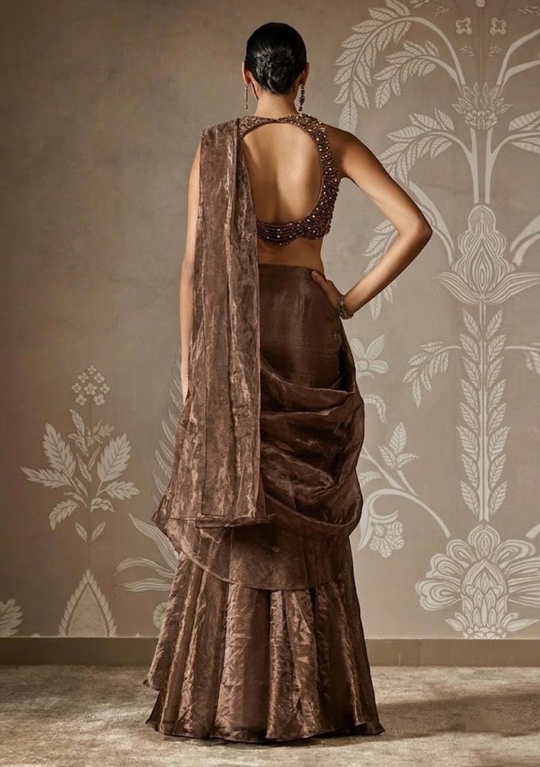 Brown Hand Work Chinon Pre Draped Saree Set - Indya