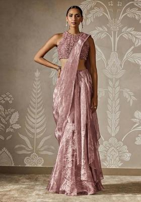 Mauve Hand Work Chinon Pre Draped Saree Set