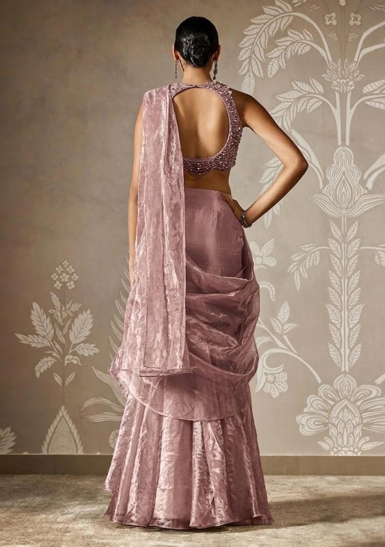 Mauve Hand Work Chinon Pre Draped Saree Set - Indya