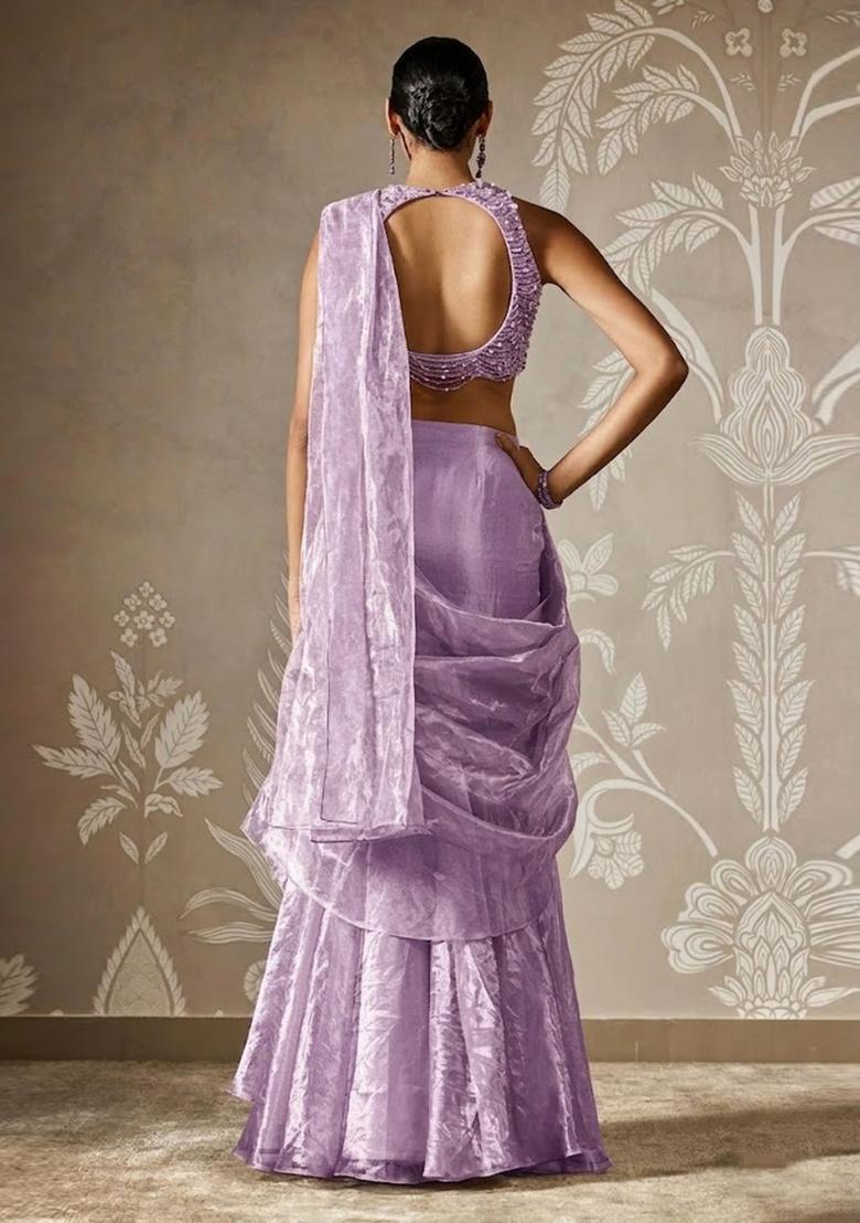Lavender Hand Work Chinon Pre Draped Saree Set - Indya