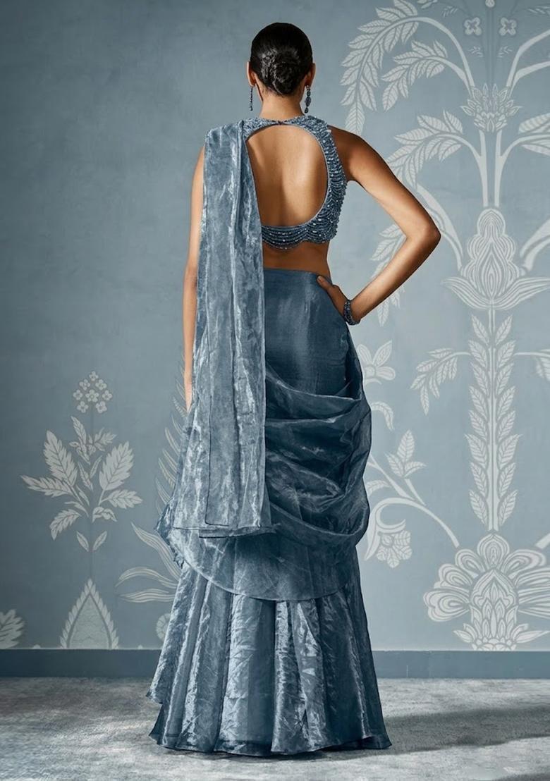 Steel Blue Hand Work Chinon Pre Draped Saree Set - Indya